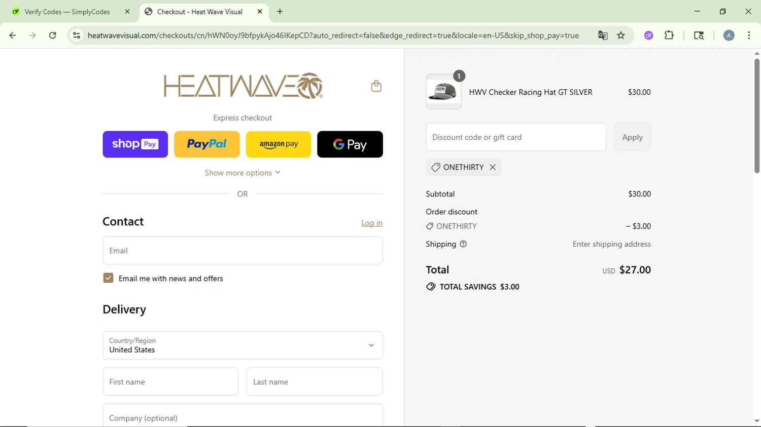 Heat Wave Visual discount code screenshot showing code ONETHIRTY applied at Heat Wave Visual checkout page. Uploaded by SimplyCodes community member DiscountVirtuoso6243 on Jul 19, 2025