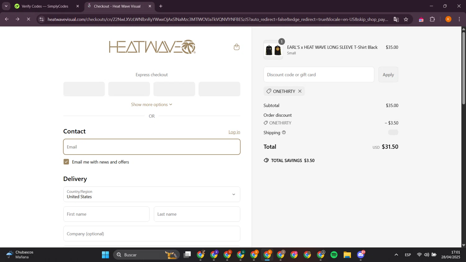 Heat Wave Visual discount code screenshot showing code ONETHIRTY applied at Heat Wave Visual checkout page. Uploaded by SimplyCodes community member davidsalazar on Apr 28, 2025