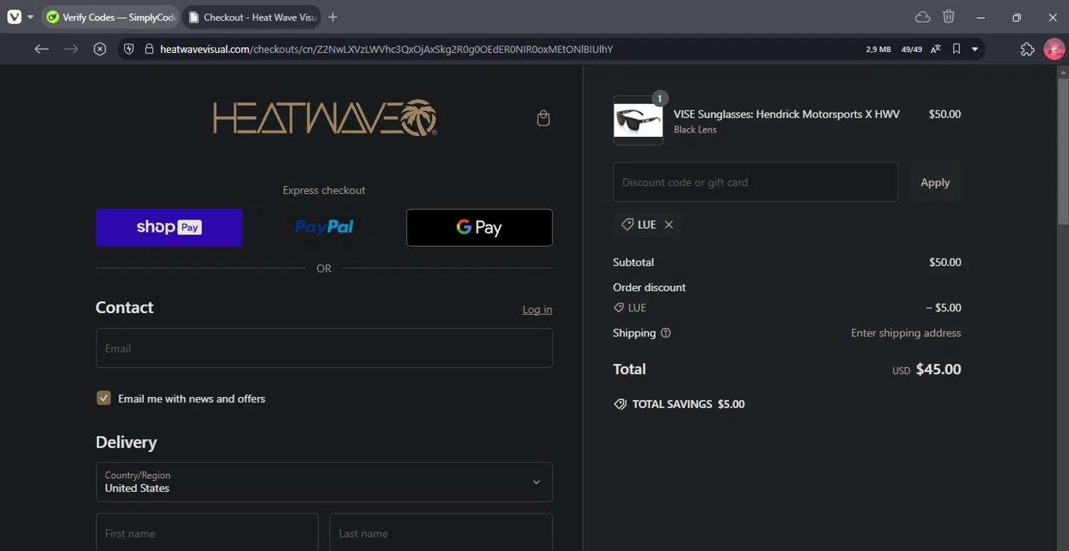 Heat Wave Visual discount code screenshot showing code LUE applied at Heat Wave Visual checkout page. Uploaded by SimplyCodes community member Nectar on Jan 9, 2025