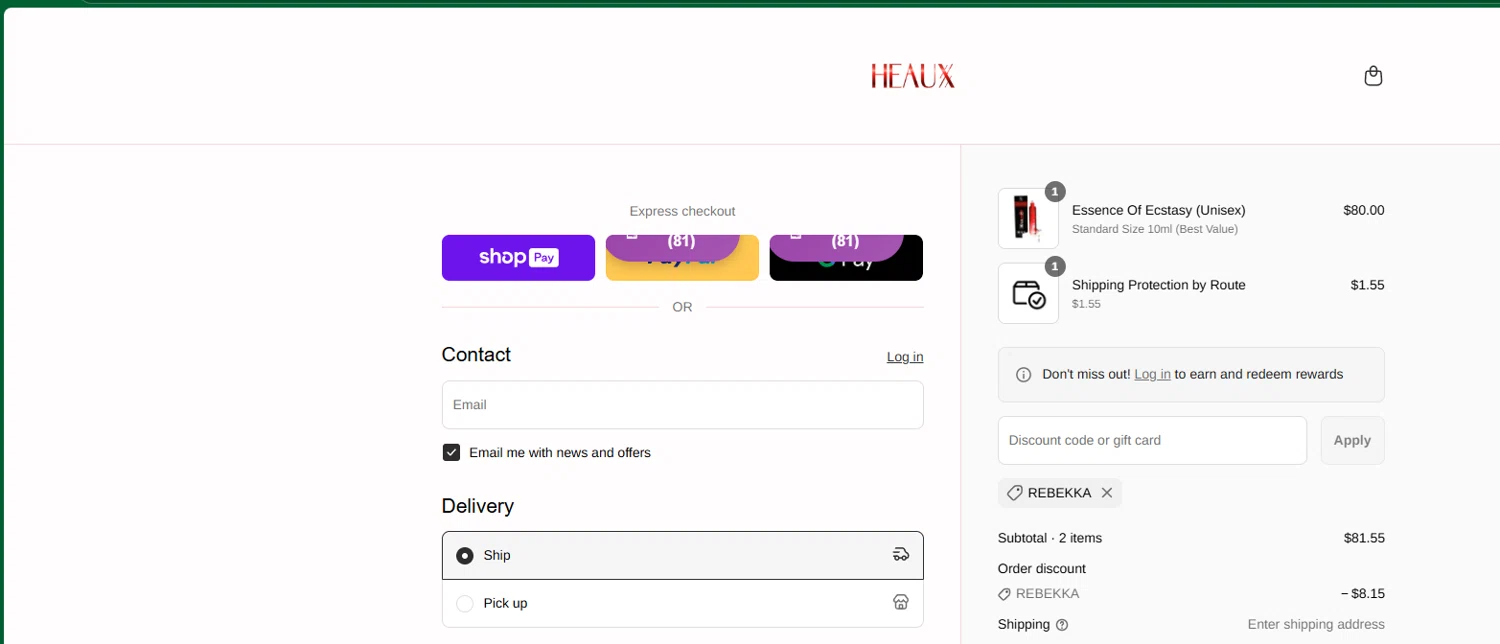 Heaux Cosmetics discount code screenshot showing code REBEKKA applied at Heaux Cosmetics checkout page. Uploaded by SimplyCodes community member chepipro on Jul 30, 2025