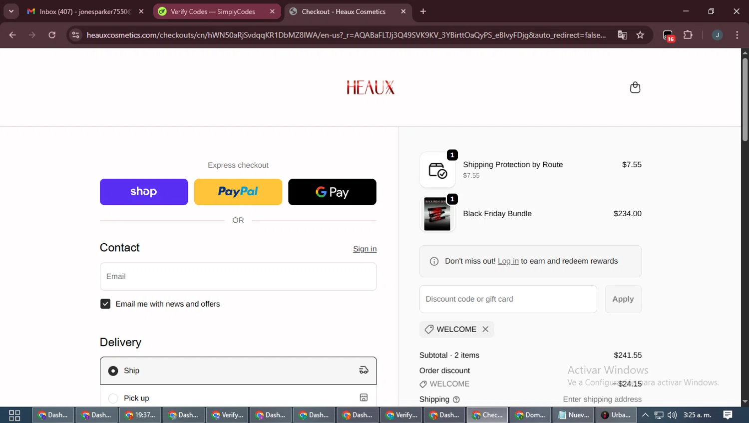 Heaux Cosmetics discount code screenshot showing code WELCOME applied at Heaux Cosmetics checkout page. Uploaded by SimplyCodes community member ScanLynx8928 on Nov 7, 2025