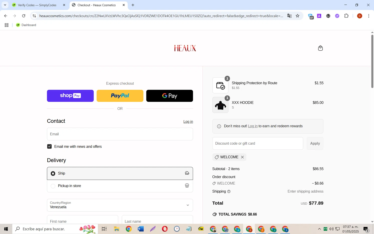 Heaux Cosmetics discount code screenshot showing code WELCOME applied at Heaux Cosmetics checkout page. Uploaded by SimplyCodes community member SaleSaver3540 on May 1, 2025