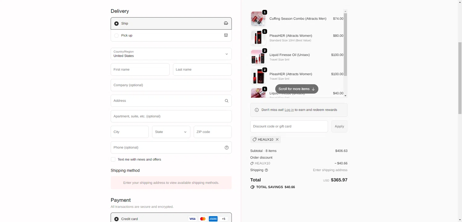 Heaux Cosmetics discount code screenshot showing code HEAUX10 applied at Heaux Cosmetics checkout page. Uploaded by SimplyCodes community member NobleMaestro6498 on Jan 5, 2026
