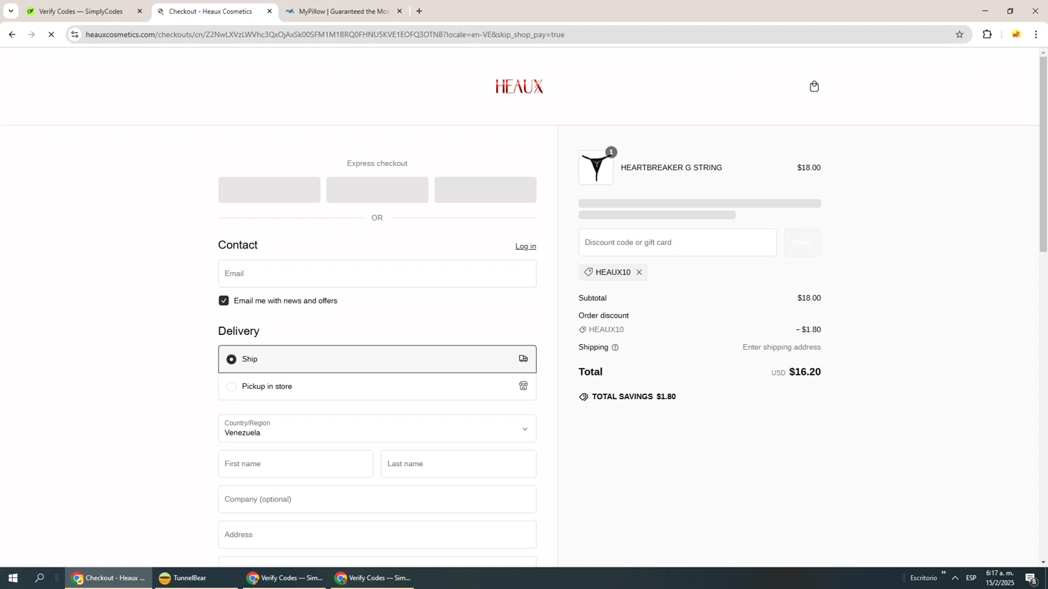 Heaux Cosmetics discount code screenshot showing code HEAUX10 applied at Heaux Cosmetics checkout page. Uploaded by SimplyCodes community member Richard251 on Feb 15, 2025