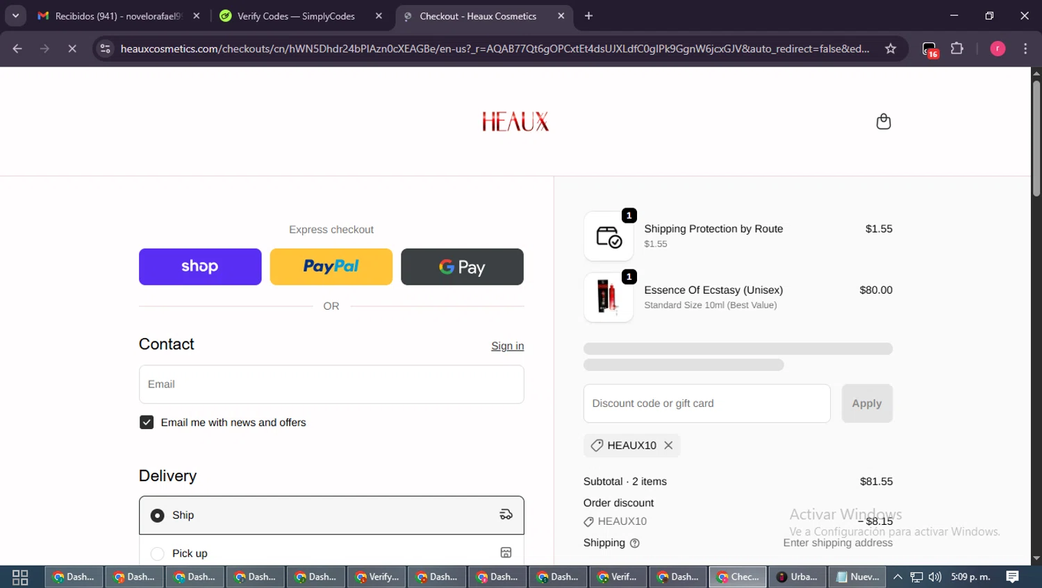 Heaux Cosmetics discount code screenshot showing code HEAUX10 applied at Heaux Cosmetics checkout page. Uploaded by SimplyCodes community member WisePro3739 on Nov 12, 2025
