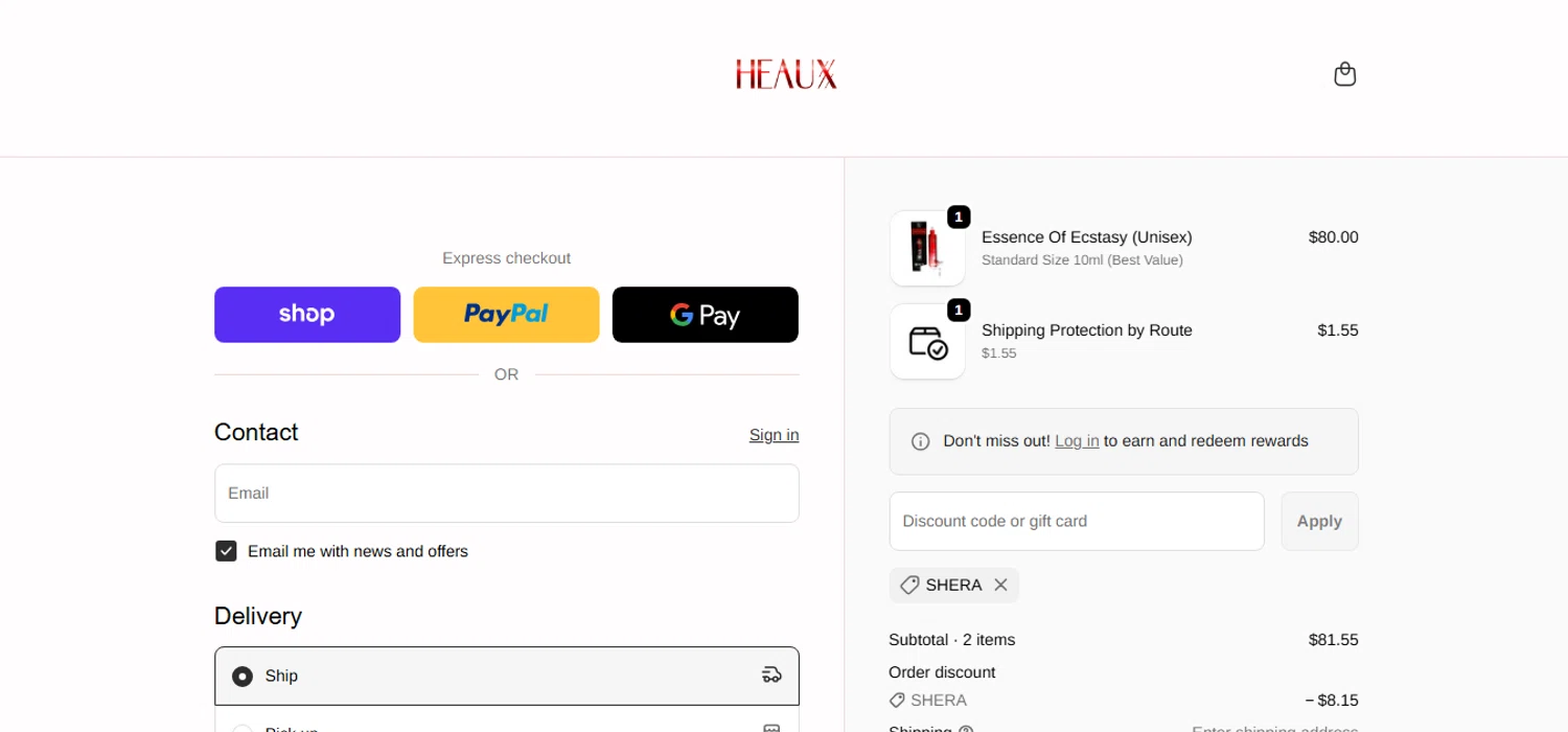 Heaux Cosmetics discount code screenshot showing code SHERA applied at Heaux Cosmetics checkout page. Uploaded by SimplyCodes community member MagnificentCurator5441 on Dec 26, 2025