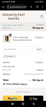 SAUNA coupon verification screenshot