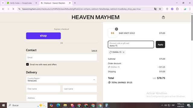 Heaven Mayhem checkout page showing Heaven Mayhem discount code box | Screenshot taken by SimplyCodes community member on Sep 4, 2025
