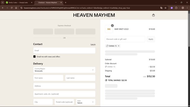 Heaven Mayhem checkout page showing Heaven Mayhem discount code box | Screenshot taken by SimplyCodes community member on Sep 4, 2025