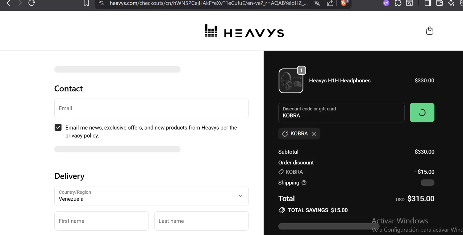 Heavys discount code screenshot showing code KOBRA applied at Heavys checkout page. Uploaded by SimplyCodes community member CoinOwl5103 on Nov 17, 2025