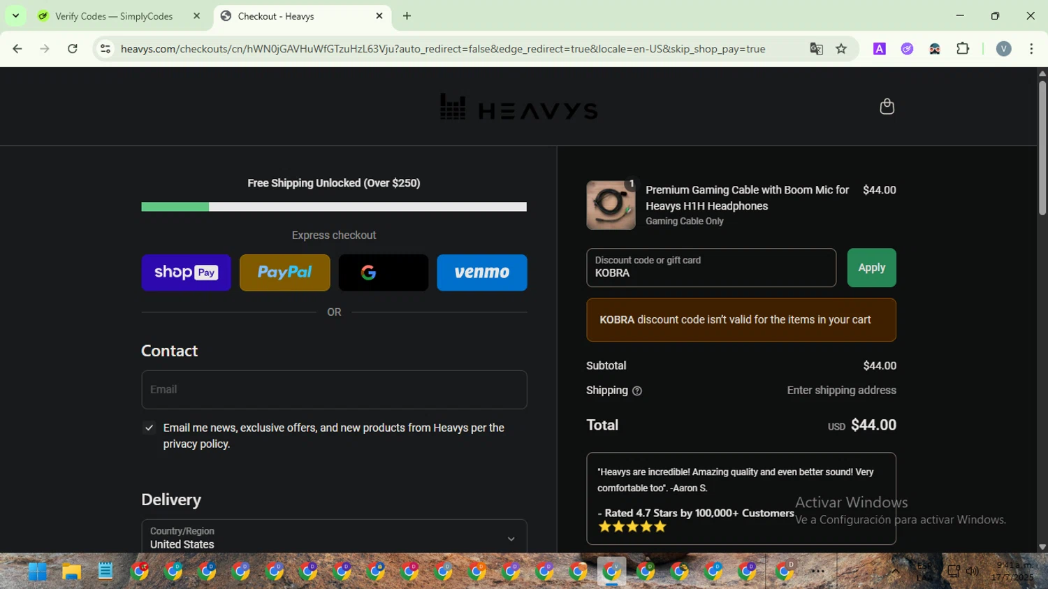 Heavys discount code screenshot showing code KOBRA applied at Heavys checkout page. Uploaded by SimplyCodes community member SwiftScout1619 on Jul 17, 2025