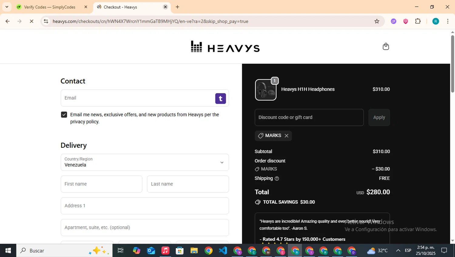 Heavys discount code screenshot showing code MARKS applied at Heavys checkout page. Uploaded by SimplyCodes community member BudgetHero4407 on Oct 25, 2025