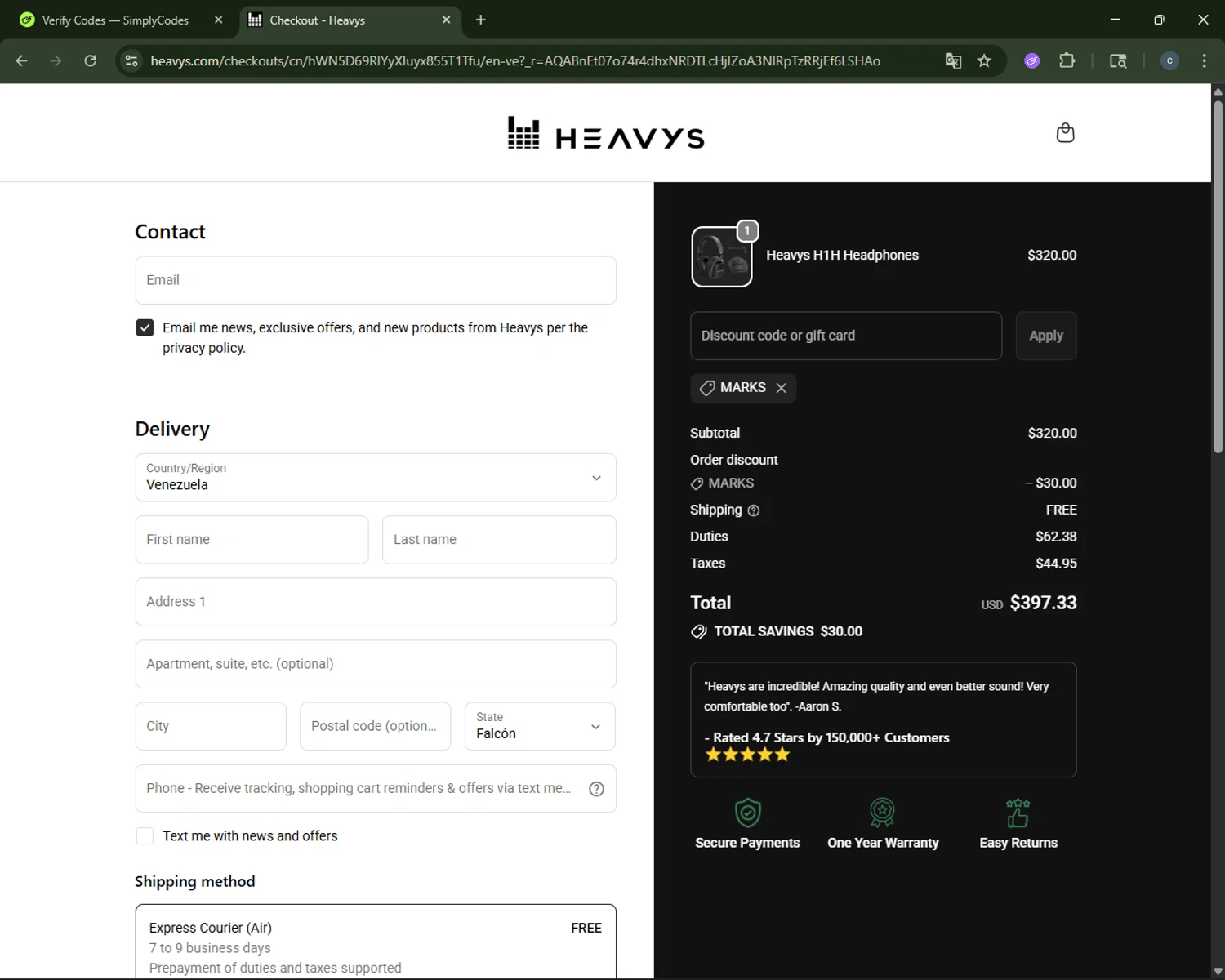 Heavys discount code screenshot showing code MARKS applied at Heavys checkout page. Uploaded by SimplyCodes community member CouponAce2971 on Nov 12, 2025