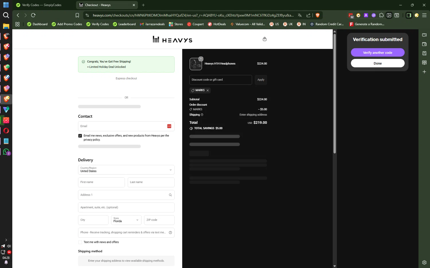 Heavys discount code screenshot showing code MARKS applied at Heavys checkout page. Uploaded by SimplyCodes community member HiddenPulse7619 on Dec 14, 2025
