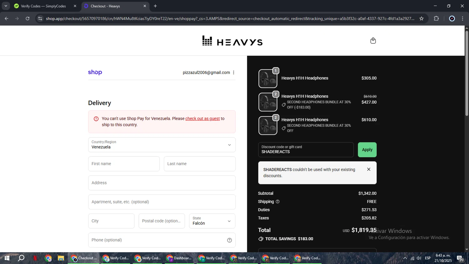 Heavys discount code screenshot showing code SHADEREACTS applied at Heavys checkout page. Uploaded by SimplyCodes community member RoyalBoss4384 on Oct 21, 2025
