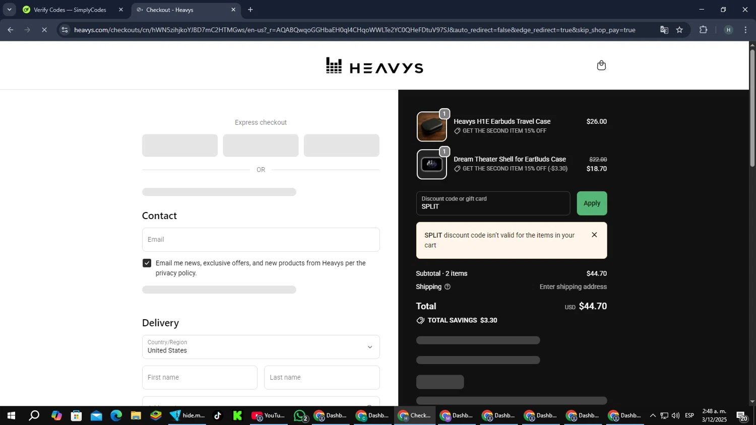 Heavys discount code screenshot showing code SPLIT applied at Heavys checkout page. Uploaded by SimplyCodes community member PromoScout8746 on Dec 3, 2025