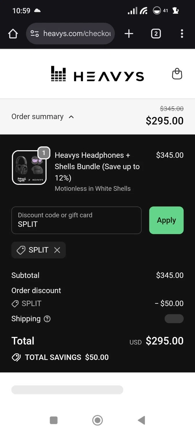 Heavys discount code screenshot showing code SPLIT applied at Heavys checkout page. Uploaded by SimplyCodes community member Original01 on Nov 12, 2025