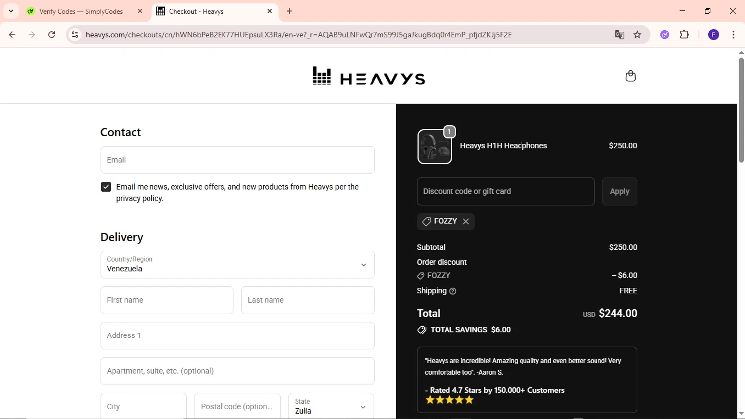 Heavys discount code screenshot showing code FOZZY applied at Heavys checkout page. Uploaded by SimplyCodes community member MightyCaptain635 on Dec 19, 2025