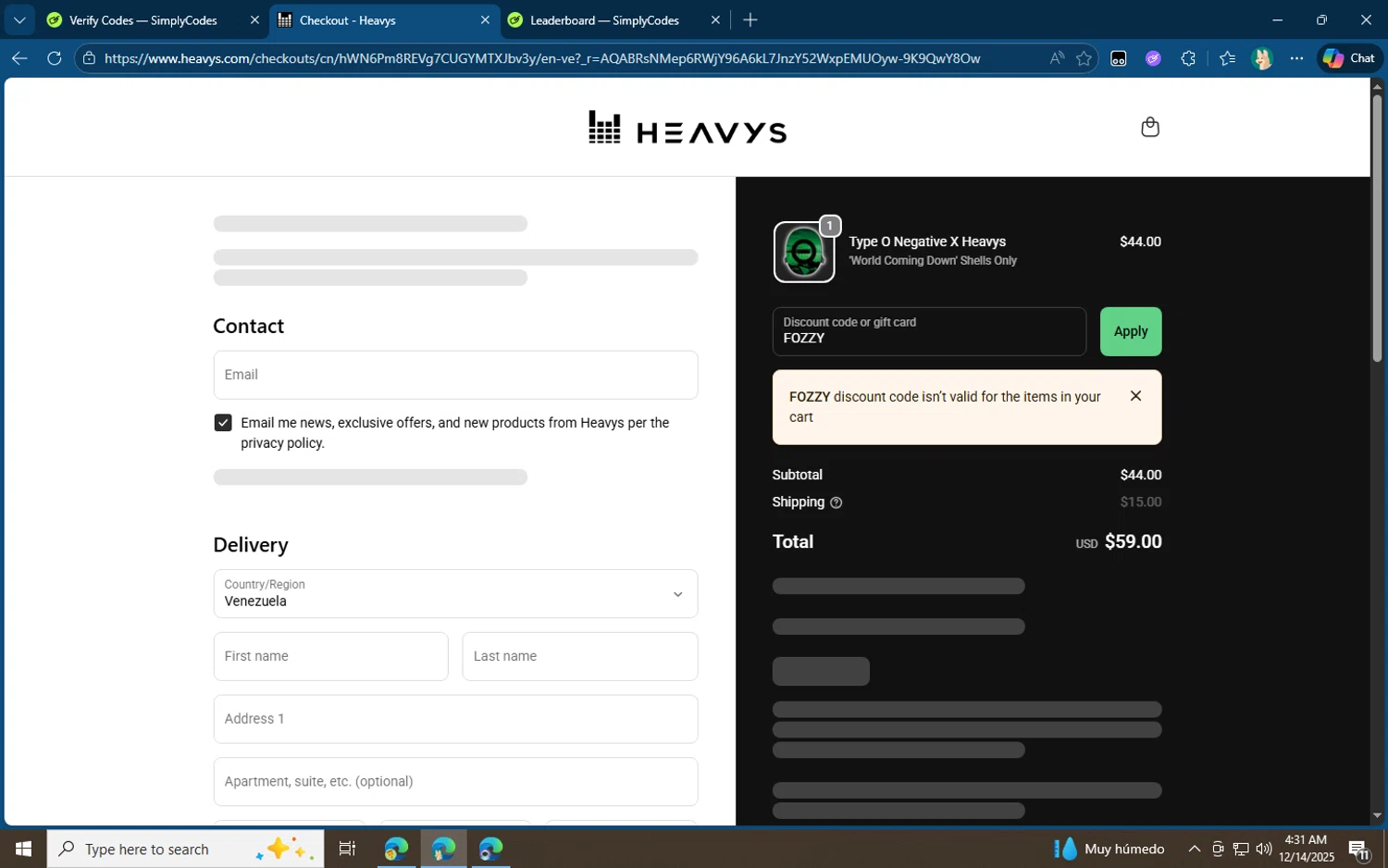 Heavys discount code screenshot showing code FOZZY applied at Heavys checkout page. Uploaded by SimplyCodes community member jvllsk3 on Dec 14, 2025