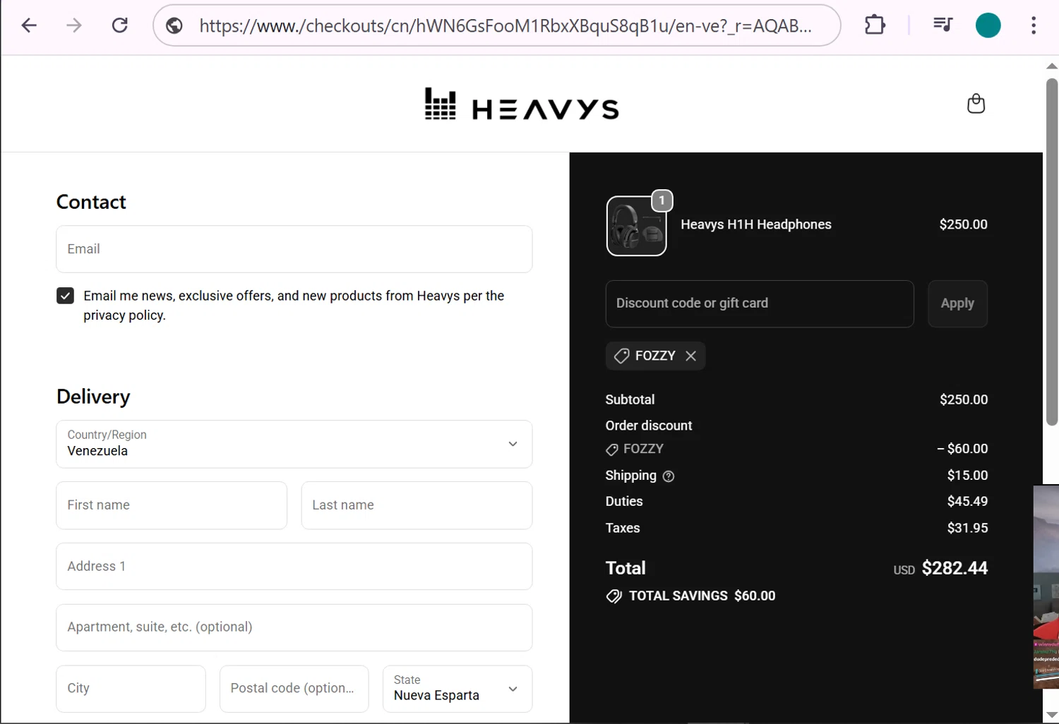 Heavys discount code screenshot showing code FOZZY applied at Heavys checkout page. Uploaded by SimplyCodes community member anosesmith on Dec 10, 2025