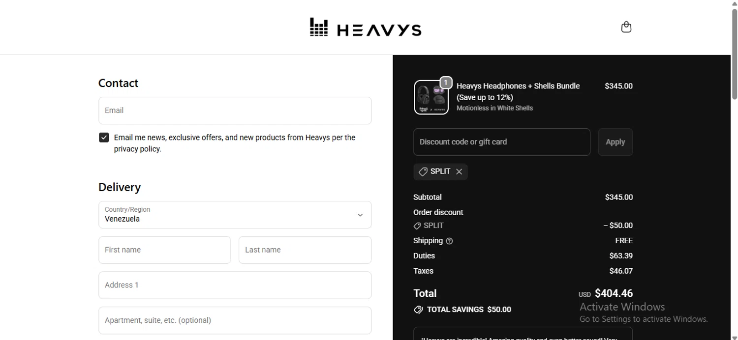 Heavys discount code screenshot showing code SPLIT applied at Heavys checkout page. Uploaded by SimplyCodes community member anosesmith on Oct 21, 2025