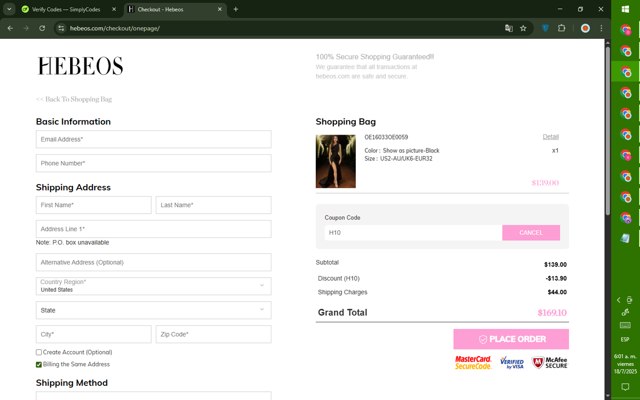 Hebeos checkout page showing Hebeos promo code box | Screenshot taken by SimplyCodes community member on Jul 18, 2025