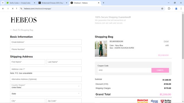 Hebeos checkout page showing Hebeos promo code box | Screenshot taken by SimplyCodes community member on Jun 18, 2025