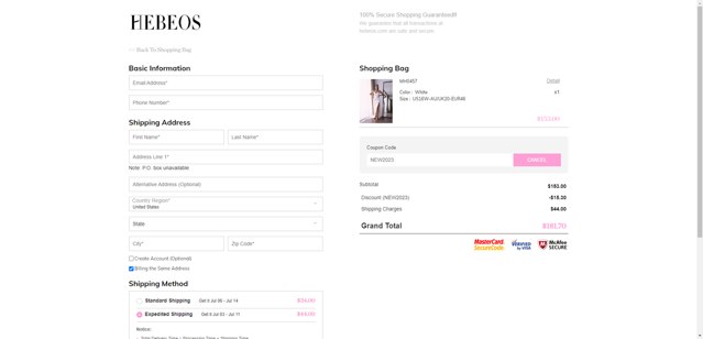 Hebeos checkout page showing Hebeos promo code box | Screenshot taken by SimplyCodes community member on Jun 18, 2025