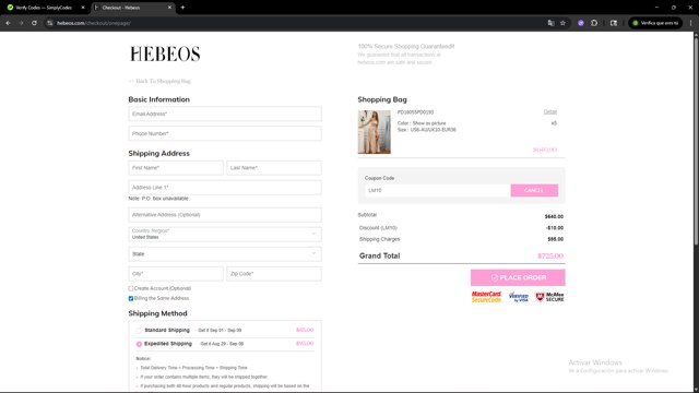 Hebeos checkout page showing Hebeos promo code box | Screenshot taken by SimplyCodes community member on Aug 14, 2025