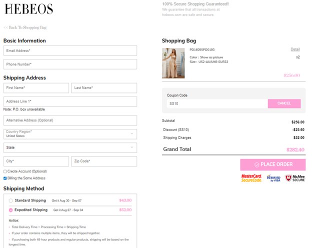 Hebeos checkout page showing Hebeos promo code box | Screenshot taken by SimplyCodes community member on Aug 12, 2025