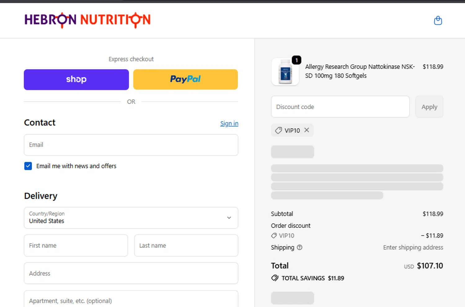 Hebron Nutrition discount code screenshot showing code VIP10 applied at Hebron Nutrition checkout page. Uploaded by SimplyCodes community member CashSaver3941 on Dec 9, 2025