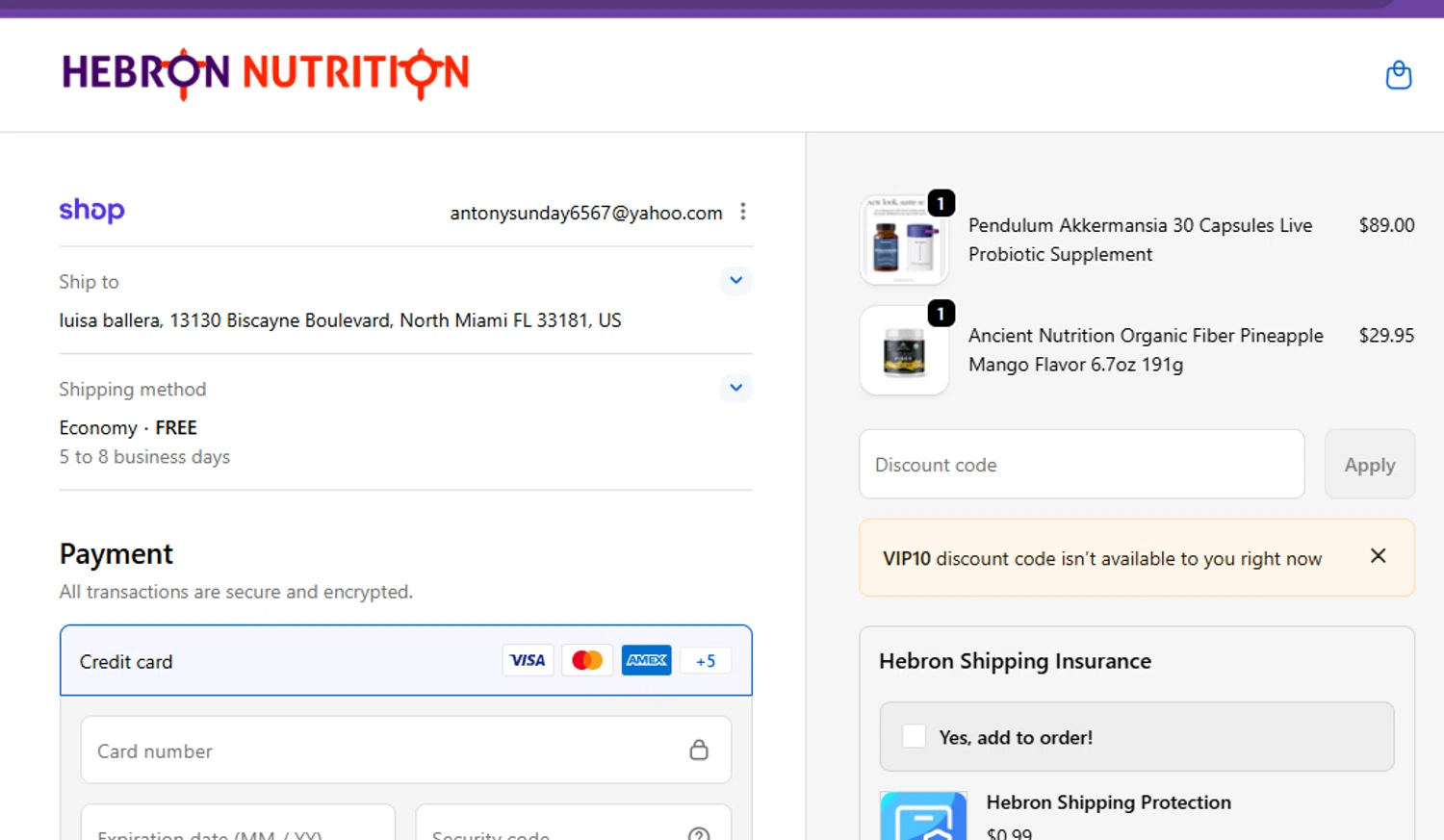 Hebron Nutrition discount code screenshot showing code VIP10 applied at Hebron Nutrition checkout page. Uploaded by SimplyCodes community member FrugalVirtuoso6318 on Feb 7, 2026