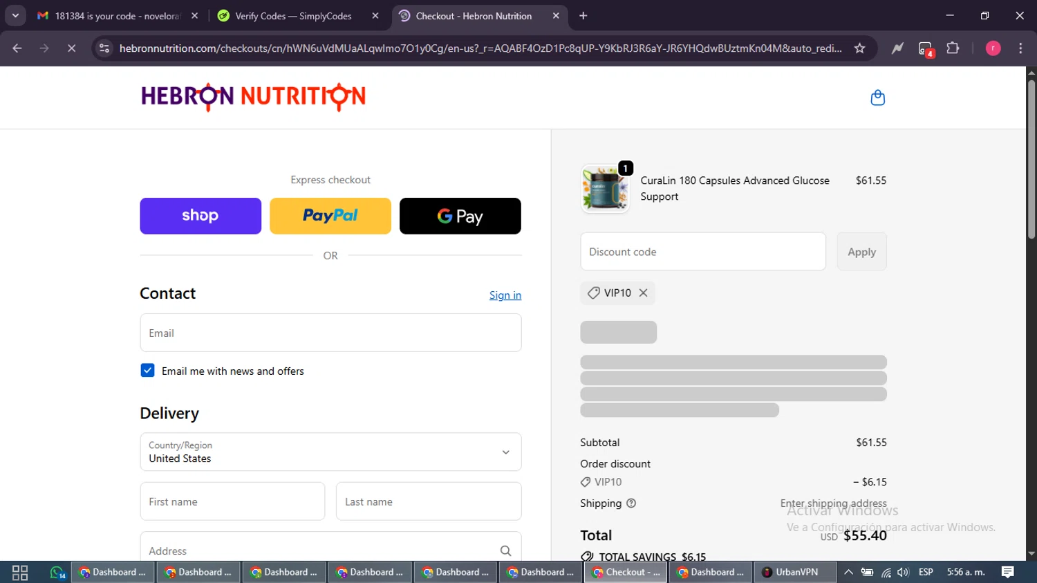 Hebron Nutrition discount code screenshot showing code VIP10 applied at Hebron Nutrition checkout page. Uploaded by SimplyCodes community member WisePro3739 on Dec 27, 2025