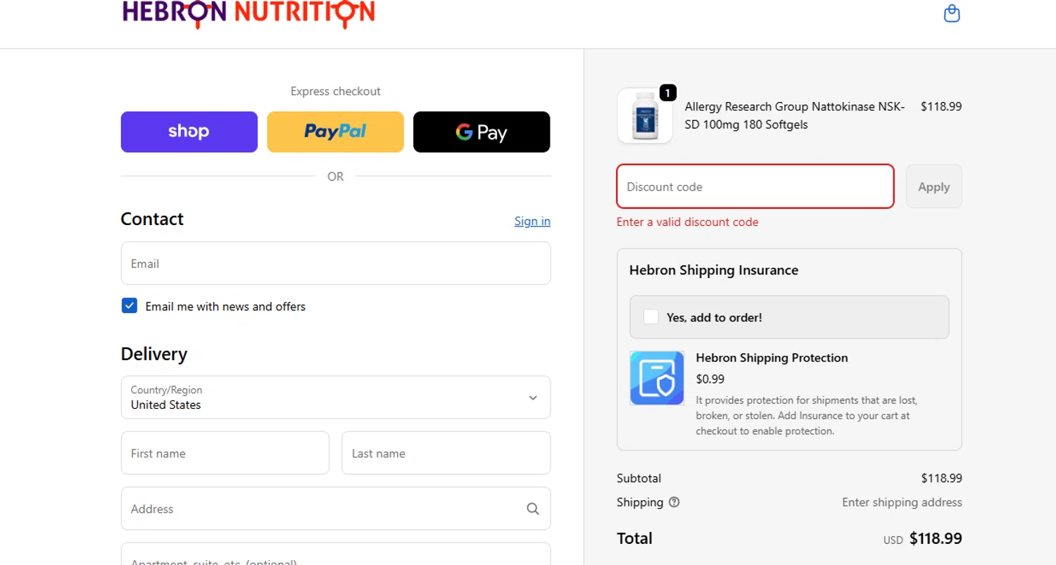 Hebron Nutrition discount code screenshot showing code PFLBXDCDNZV applied at Hebron Nutrition checkout page. Uploaded by SimplyCodes community member Espaguetticonpollo on Oct 1, 2025