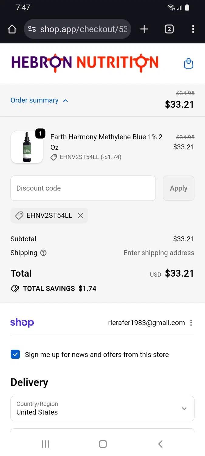 Hebron Nutrition discount code screenshot showing code EHNV2ST54LL applied at Hebron Nutrition checkout page. Uploaded by SimplyCodes community member tulioriera on Nov 12, 2025
