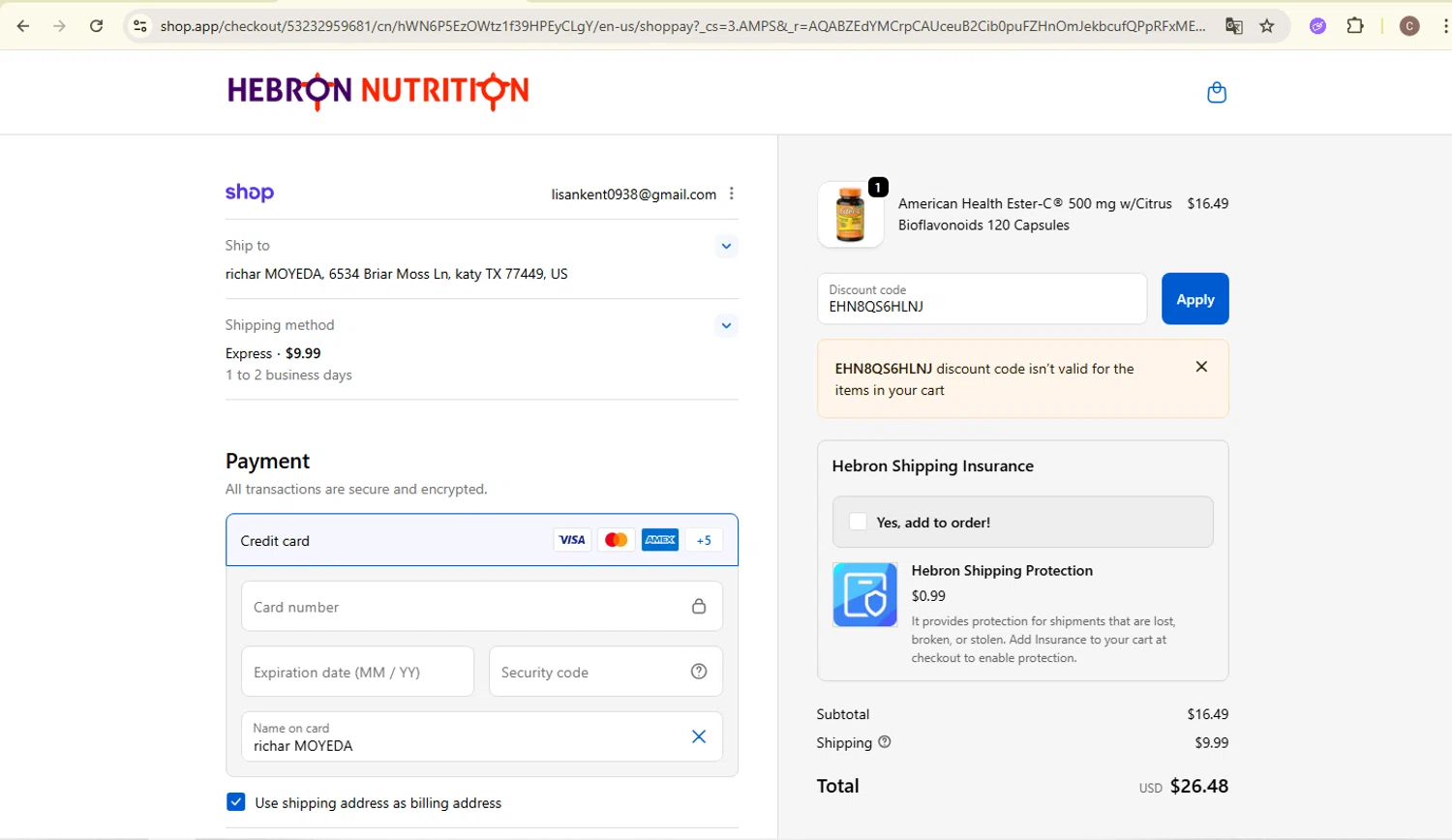 Hebron Nutrition discount code screenshot showing code EHN8QS6HLNJ applied at Hebron Nutrition checkout page. Uploaded by SimplyCodes community member carlosra07 on Dec 14, 2025