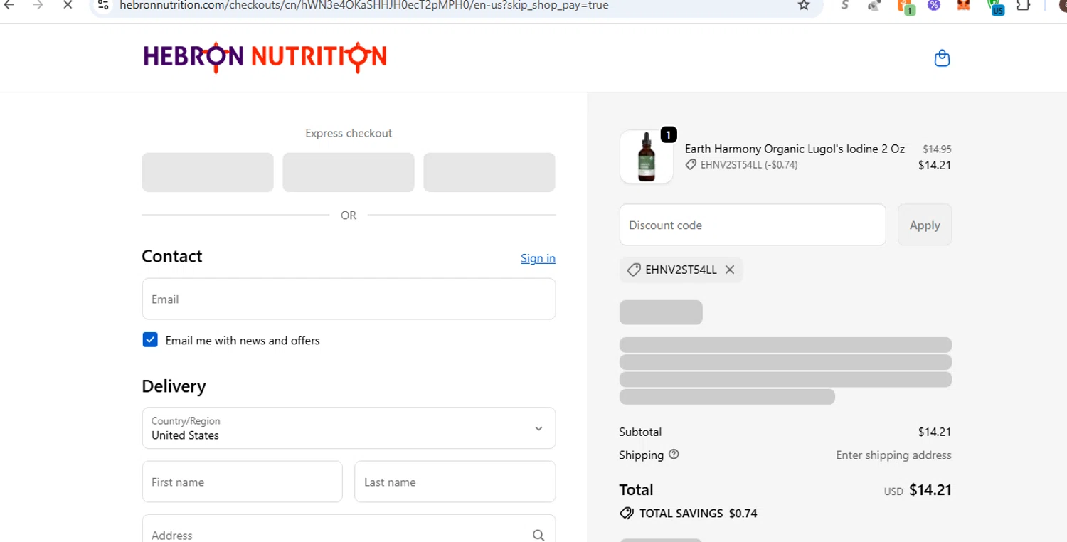 Hebron Nutrition discount code screenshot showing code EHNV2ST54LL applied at Hebron Nutrition checkout page. Uploaded by SimplyCodes community member shark12 on Oct 2, 2025
