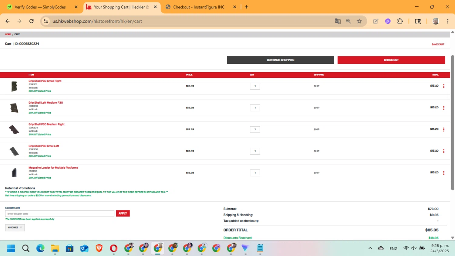 Heckler & Koch promo code screenshot showing code HK10WEB applied at Heckler & Koch checkout page. Uploaded by SimplyCodes community member ManuelF on May 25, 2025