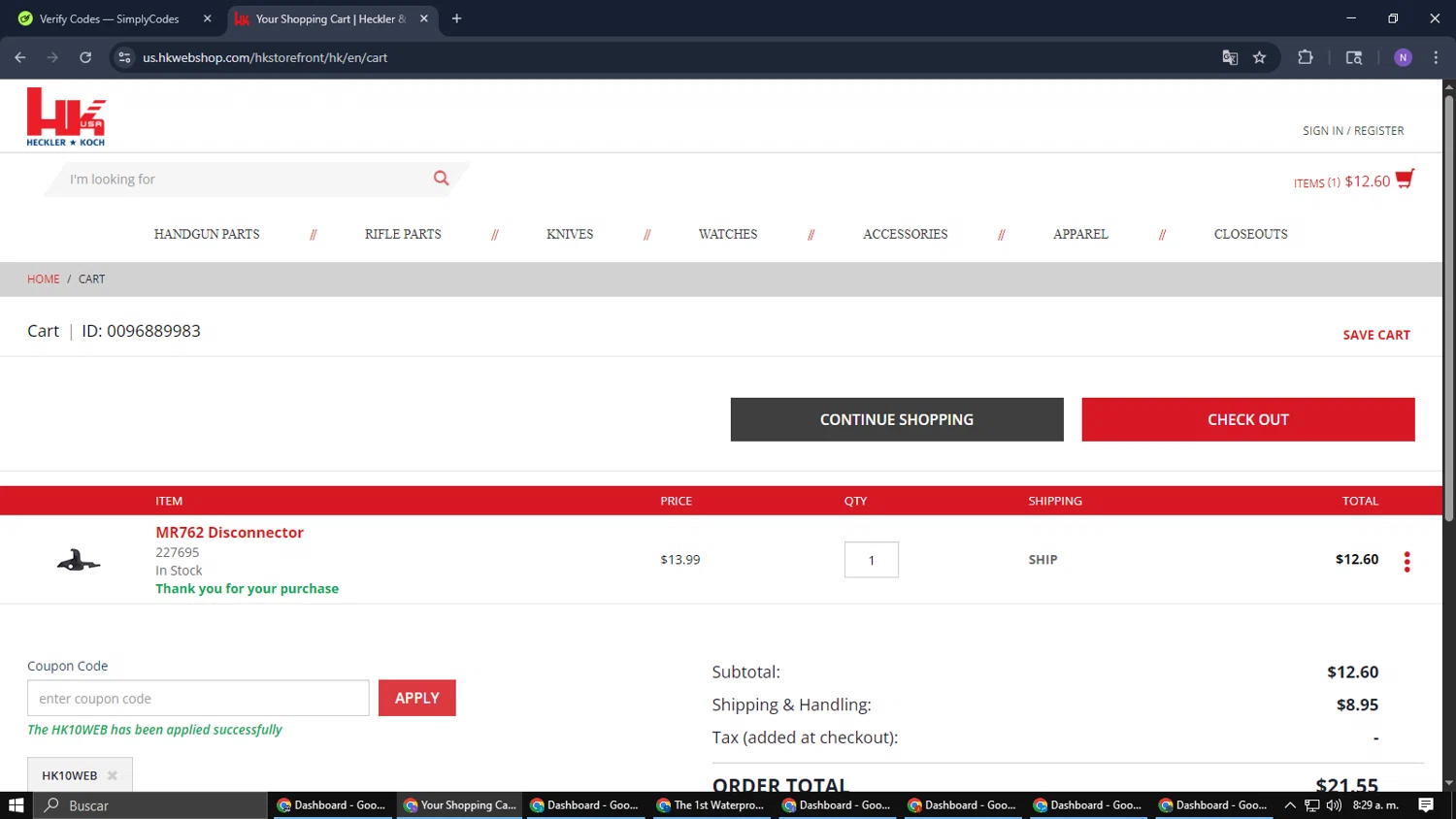 Heckler & Koch checkout page showing Heckler & Koch promo code box | Screenshot taken by SimplyCodes community member on Jan 15, 2026