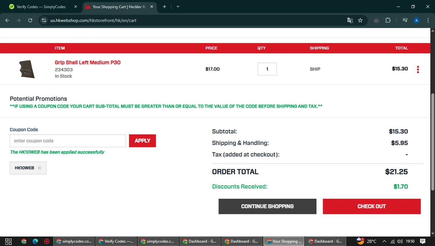 Heckler & Koch promo code screenshot showing code HK10WEB applied at Heckler & Koch checkout page. Uploaded by SimplyCodes community member NobleCaptain2872 on May 10, 2025