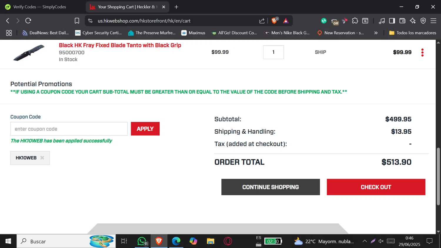 Heckler & Koch promo code screenshot showing code HK10WEB applied at Heckler & Koch checkout page. Uploaded by SimplyCodes community member DORIANGEL on Jun 29, 2025