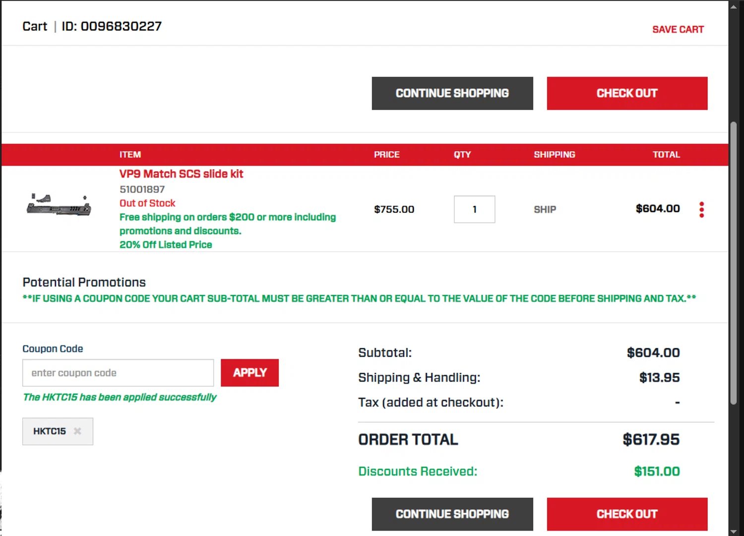 Heckler & Koch checkout page showing Heckler & Koch promo code box | Screenshot taken by SimplyCodes community member on May 25, 2025