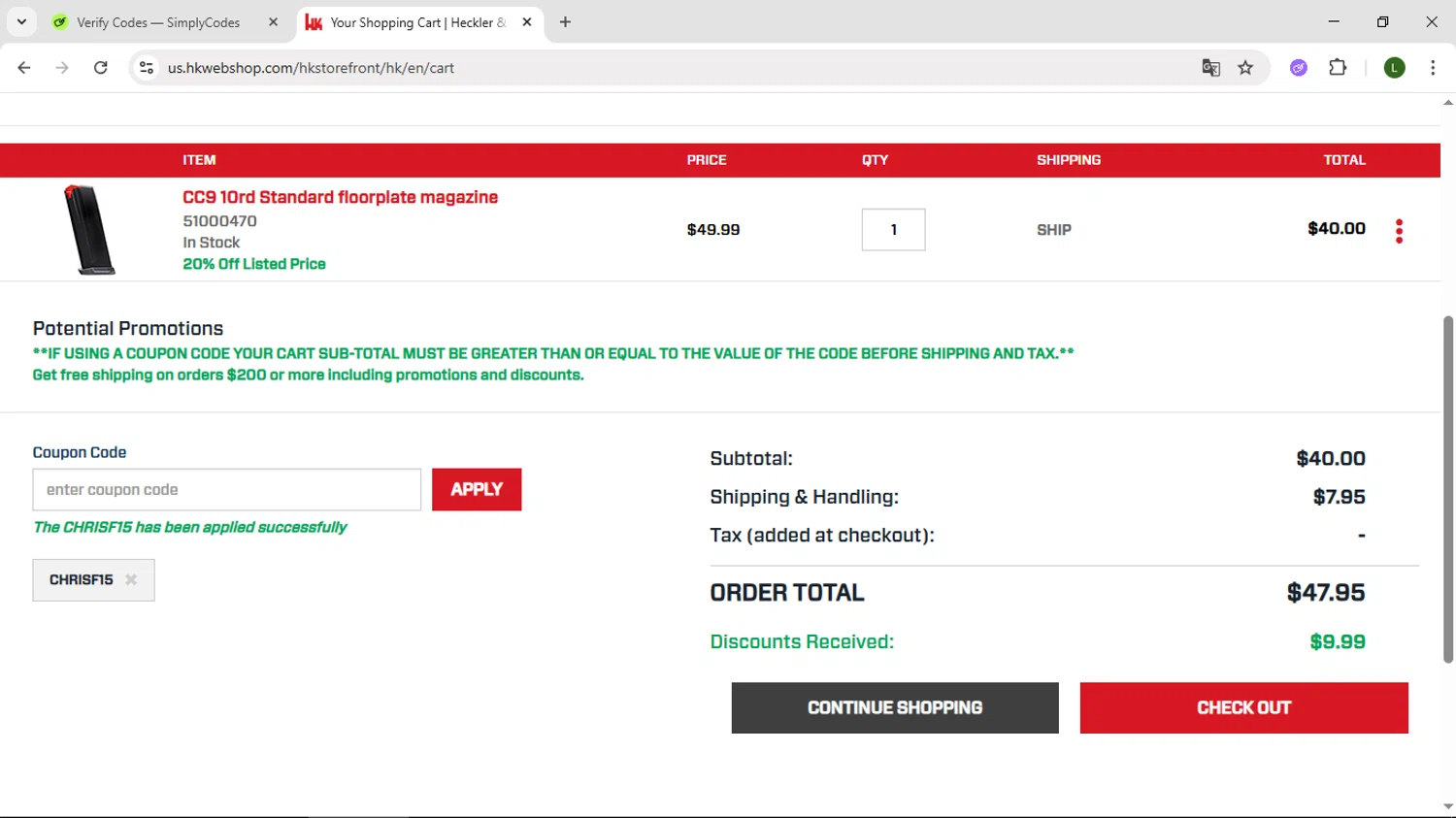 Heckler & Koch checkout page showing Heckler & Koch promo code box | Screenshot taken by SimplyCodes community member on May 25, 2025