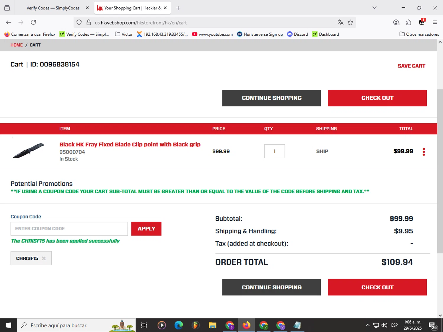 Heckler & Koch checkout page showing Heckler & Koch promo code box | Screenshot taken by SimplyCodes community member on Jun 29, 2025
