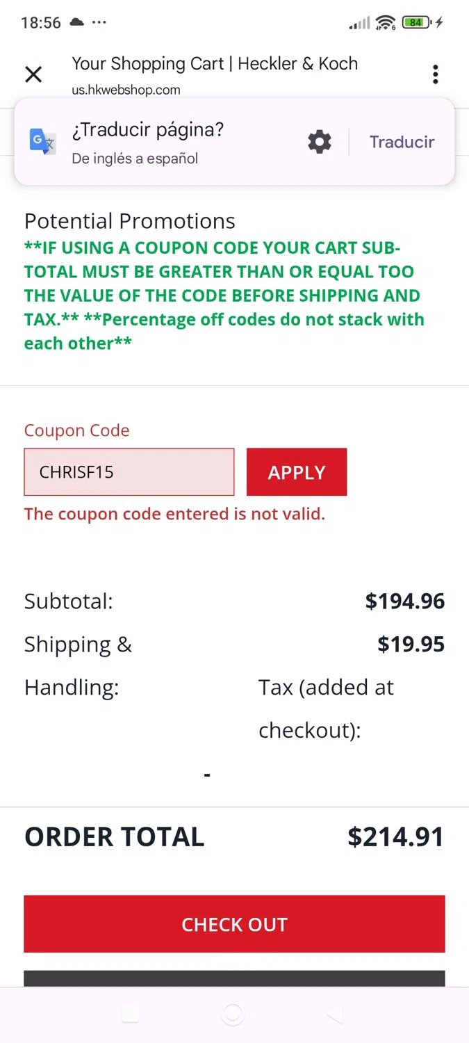 Heckler & Koch promo code screenshot showing code CHRISF15 applied at Heckler & Koch checkout page. Uploaded by SimplyCodes community member ShieldWhiz4659 on Sep 18, 2025