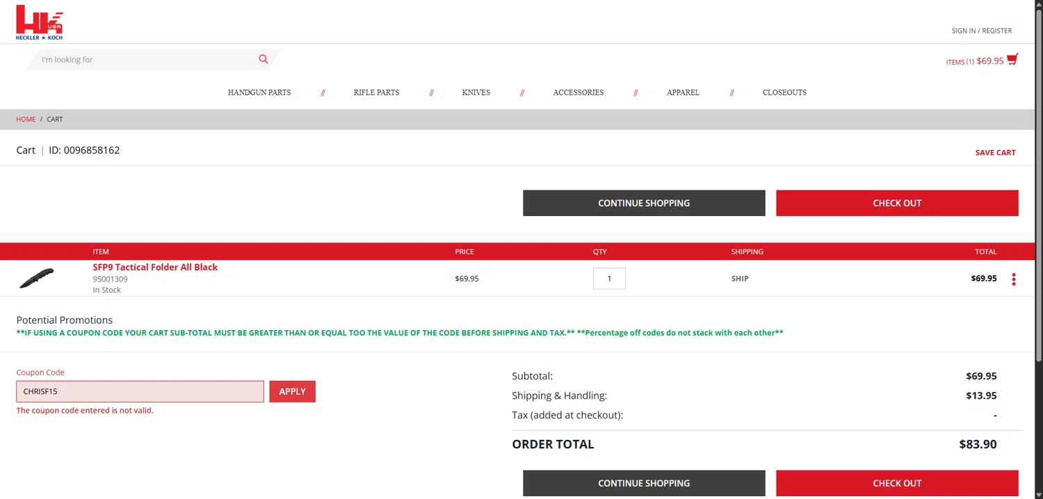 Heckler & Koch promo code screenshot showing code CHRISF15 applied at Heckler & Koch checkout page. Uploaded by SimplyCodes community member TreasureScholar8716 on Sep 19, 2025