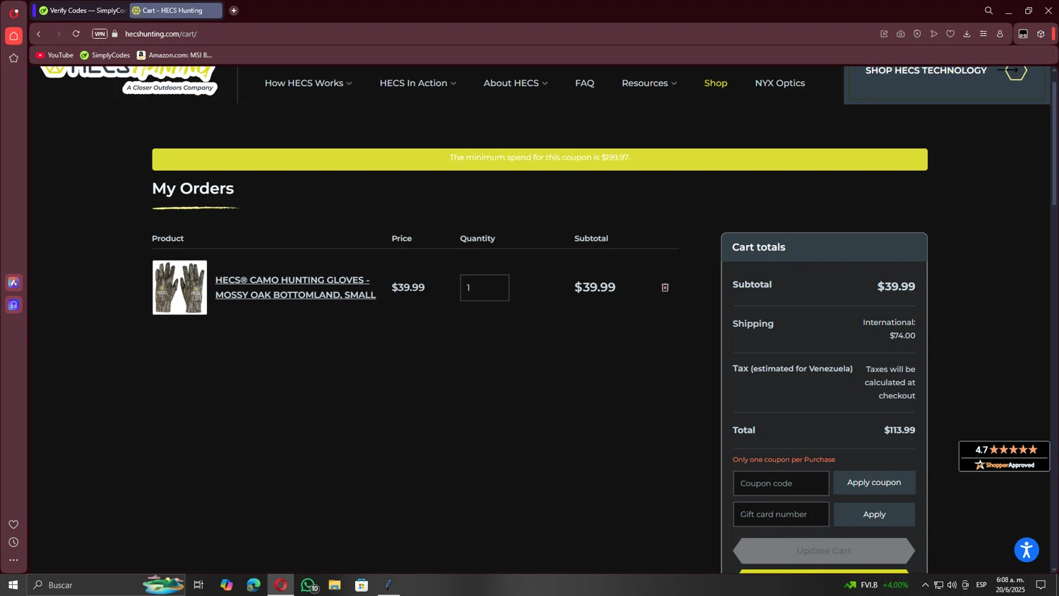 HECS Hunting coupon code screenshot showing code HECSTECH applied at HECS Hunting checkout page. Uploaded by SimplyCodes community member TheRodan on Jun 20, 2025