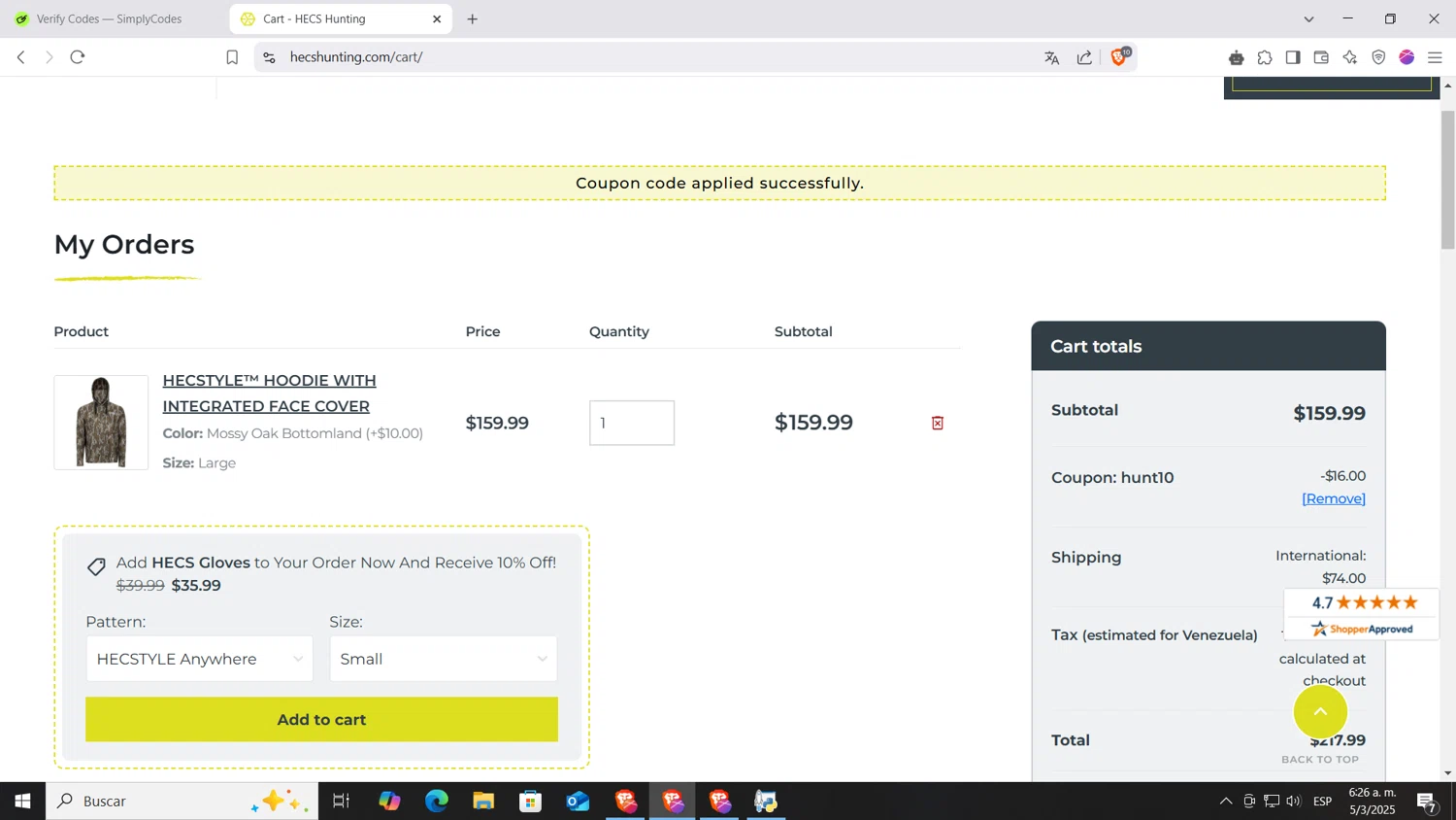 HECS Hunting coupon code screenshot showing code HUNT10 applied at HECS Hunting checkout page. Uploaded by SimplyCodes community member AnthonyGTX on Mar 5, 2025