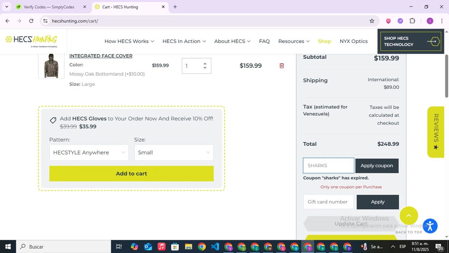 HECS Hunting coupon code screenshot showing code SHARKS applied at HECS Hunting checkout page. Uploaded by SimplyCodes community member RebateAce6764 on Aug 11, 2025