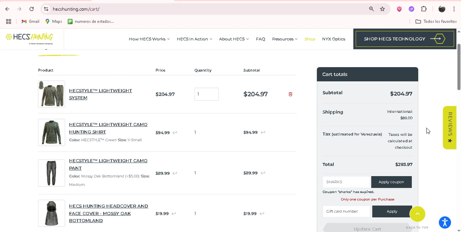 HECS Hunting coupon code screenshot showing code SHARKS applied at HECS Hunting checkout page. Uploaded by SimplyCodes community member adrianvasquez1 on Aug 11, 2025